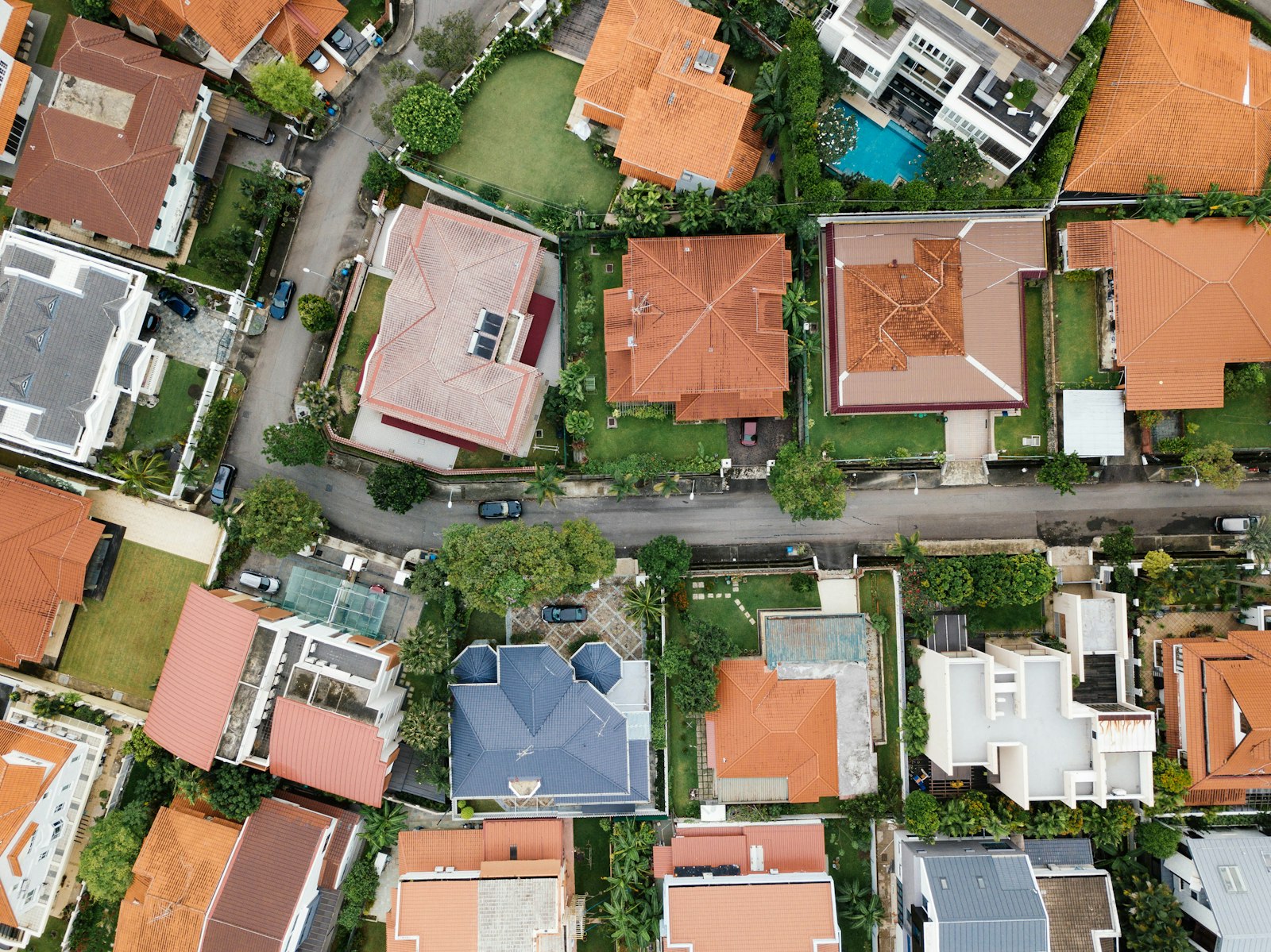Aerial view of residential rooftops